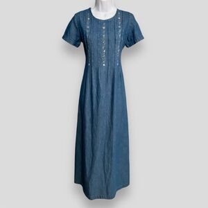 Vintage 90s Bobbie Brooks Denim Floral Embroidered Maxi Dress